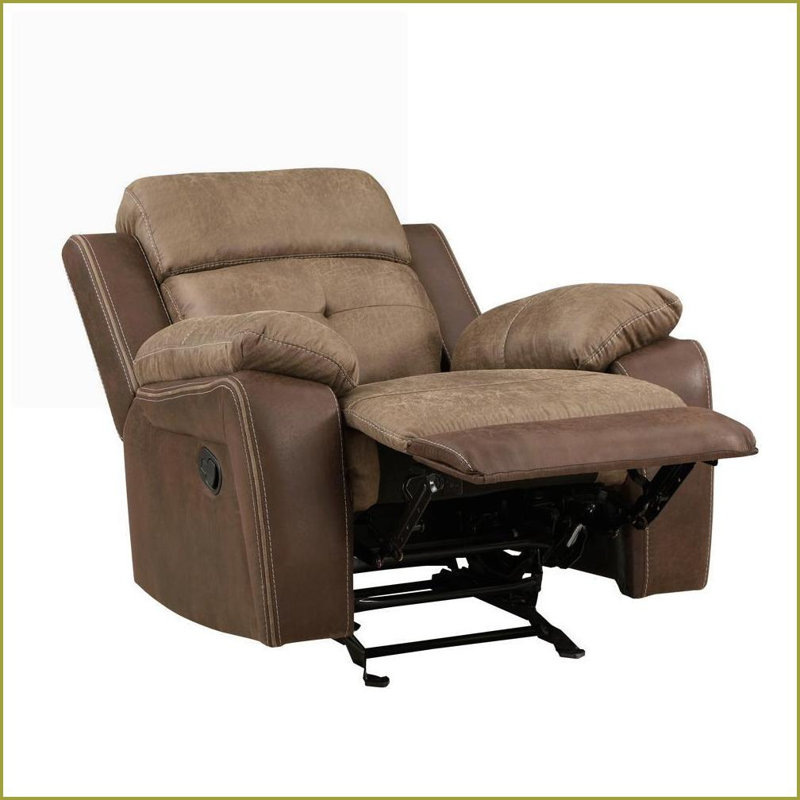 Fauteuil oscillant inclinable, structure en bois massif rembourré en microfibre brun avec détails capitonnés | Brun | Bois massif, contreplaqué