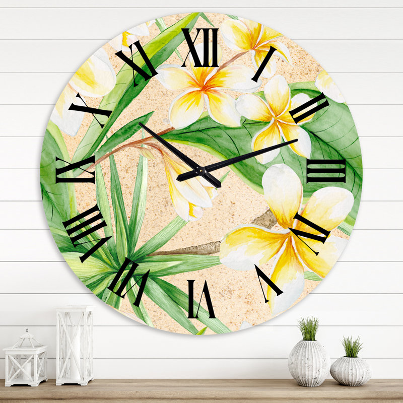 Feuillage tropical et fleurs jaunes - horloge murale traditionnelle, Moyenne