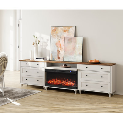 Buffet avec 6 tiroirs et 2 tablettes ouvertes, design grain de bois rétro, armoire avec foyer électrique de 36 po, bar à café pour la salle à manger, la cuisine et le salon, blanc, 105 po