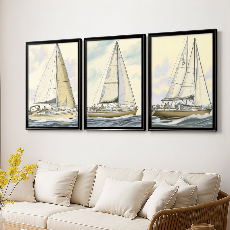 NAUTICAL Series CXIX - Toile tendue avec châssis sur mesure - 3 pièces, H 27 po x l 57 po, Noir