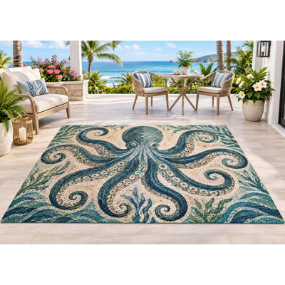 Tapis d'extérieur 152 x 213 cm, motif pieuvre bleue, style côtier et botanique, en PVC épais, imperméable et bouclé, idéal pour terrasse, balcon, VR et autres espaces extérieurs. Séchage rapide.
