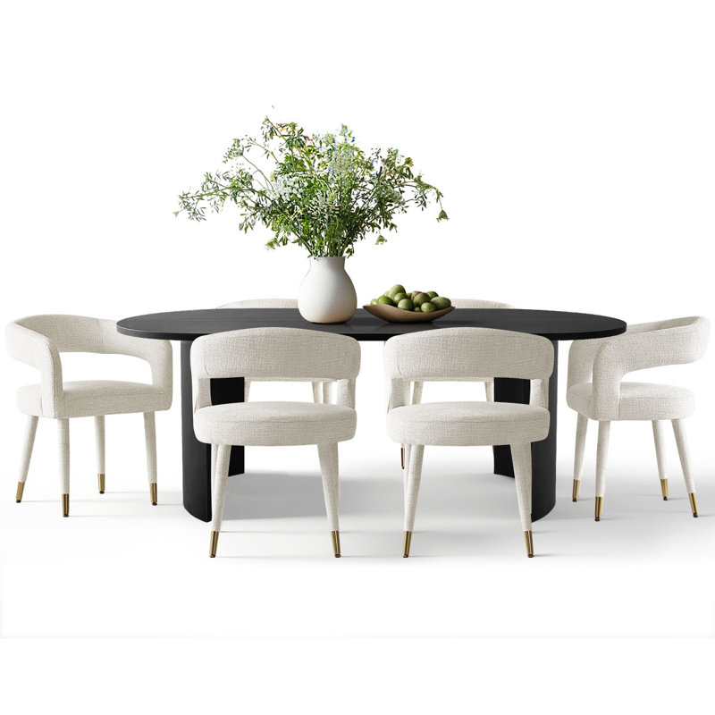 7-Piece Modern Dining Set with 79" Oval Table and Upholstered Chairs, Offwhite
