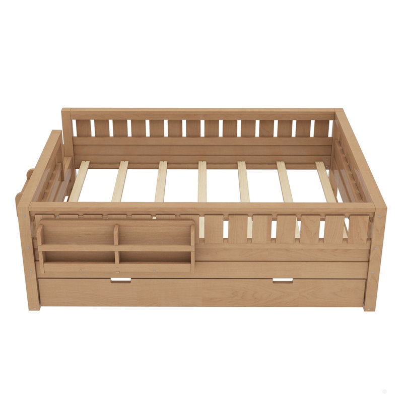 Wooden Bed With Built-In Bookshelves And Trundle, Natural, Full