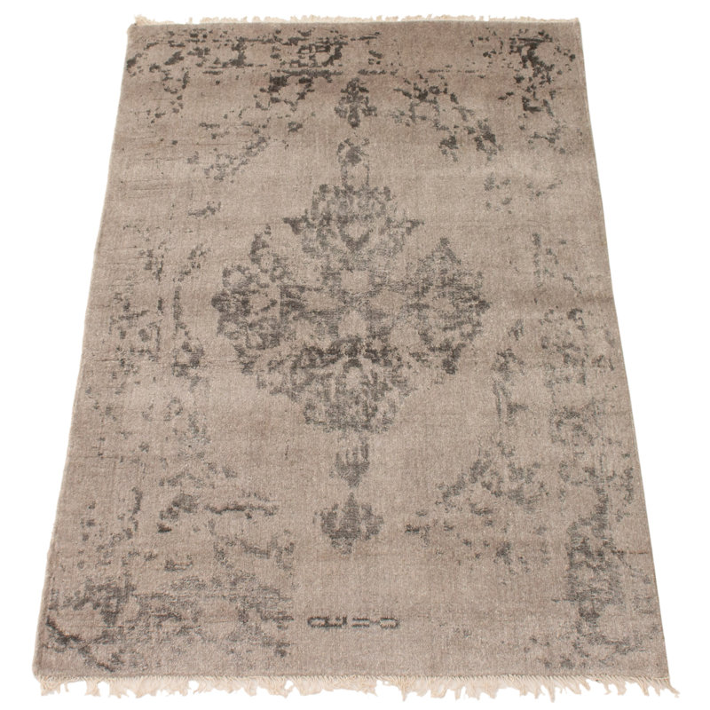 Tapis oriental gris clair en soie noué à la main Massie