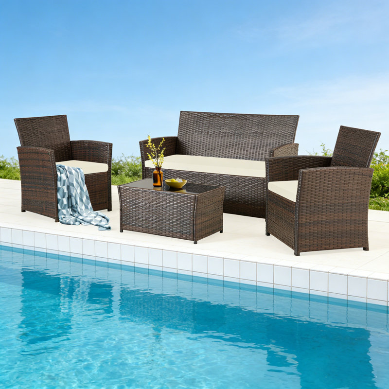 Suleimn 4  Person Seating Group with Cushions, Brown, Beige