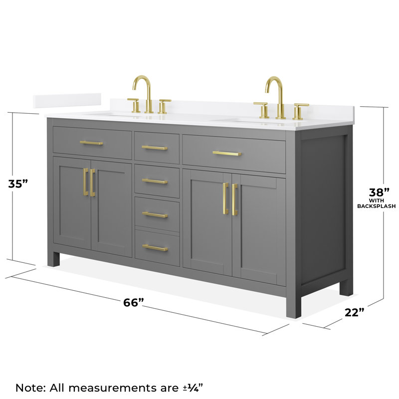Beckett 66" Freestanding Double Bathroom Vanity with Quartz Top, Dark Gray, Brushed Gold, White Quartz