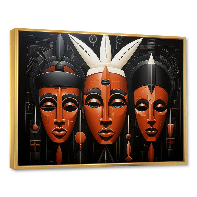 Masque africain noir et orange Kuba, Cadre flottant doré, H 34 po x l 44 po x P 1,5 po