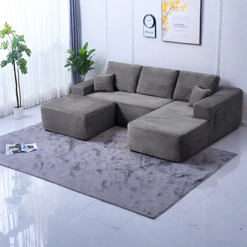 Canapé modulaire en U de 104 po avec méridienne moderne en tissu gris moderne