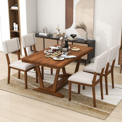 5-Piece Dining Table Set, Rectangular Dining Table and 4 Linen Upholstered Chairs