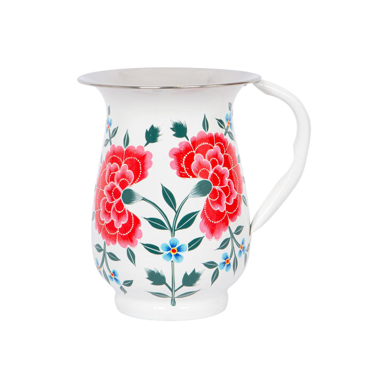 East Urban Home Hand-Painted Picnic Water Jug - 1.7L - Raspberry Peony, White