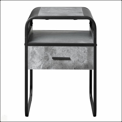 Table de bout à 1 tiroir en béton gris et noir avec rangement spacieux et tablette ouverte, pour des intérieurs modernes et industriels.