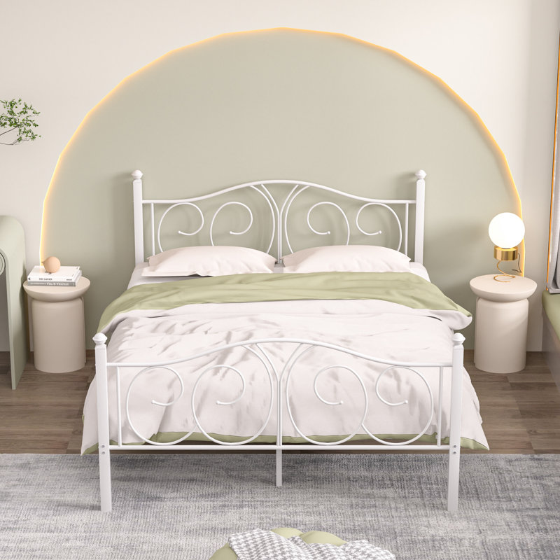 Queen Size Modern White Metal Platform Bed Frame with Headboard and Footboard, 12.6" Under Bed Storage, No Box Spring Needed,