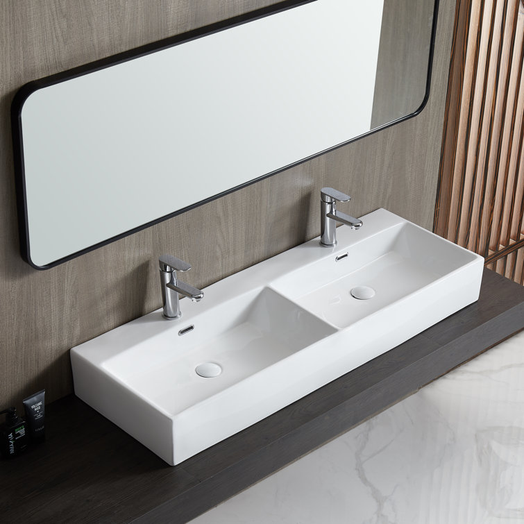 Turner 48'' W Double Basin White Ceramic Rectangular Wall Mount/Vessel Bathroom Sink For Two