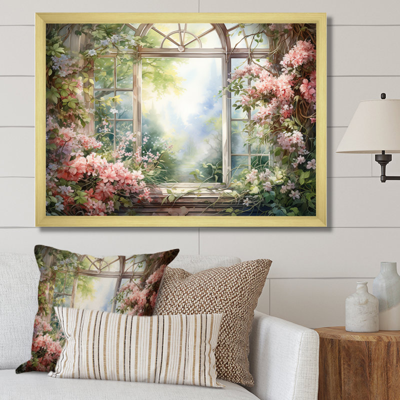 «Pink Blossoming Country Window Gaze II», reproduction d'art sur toile encadrée, Cadre doré à coins fermés