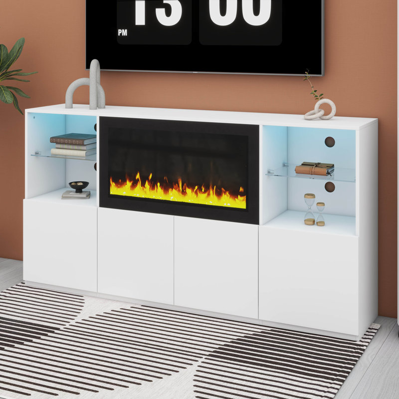 Meuble télé ultrabrillant avec foyer électrique, lumières DEL et tablettes en verre trempé, Noir, Yes
