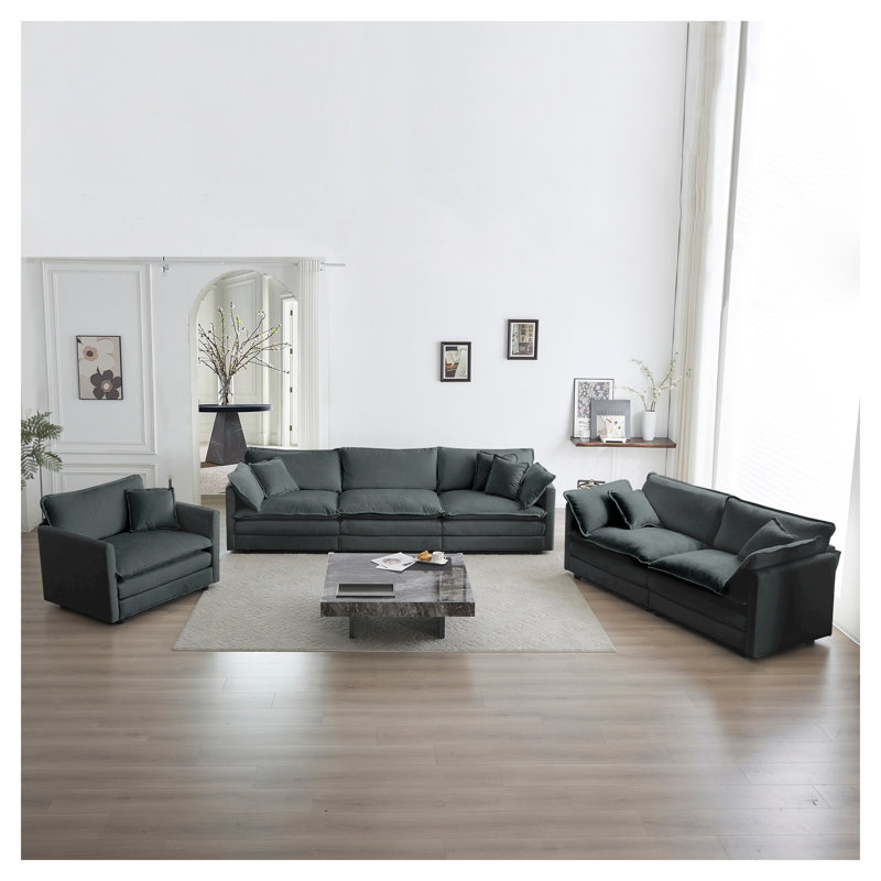 Ensemble de canapé modulaire en chenille gris 3 pièces, canapé très profond avec causeuse et fauteuil d'appoint