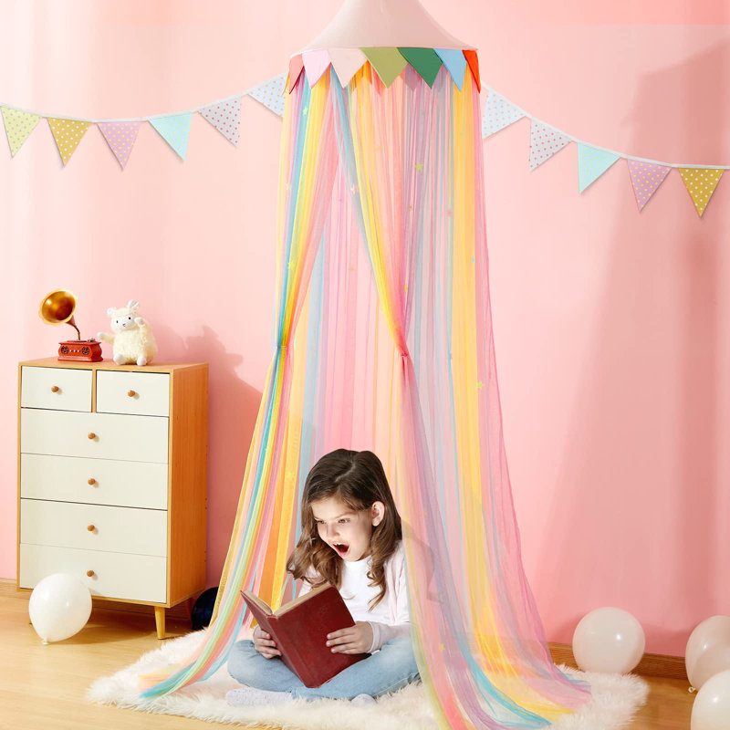 Ciel de lit suspendu pour chambre d'enfant, décoration pour chambre de fille, filet en maille dégradée arc-en-ciel 40D, tente dôme suspendue pour lit simple/double et coin lecture, étoiles phosphorescentes