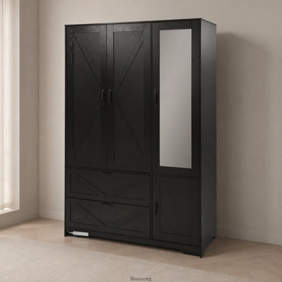 Armoire-penderie noire à 4 portes avec miroir, éclairage DEL, 2 tiroirs, tringle et étagères réglables