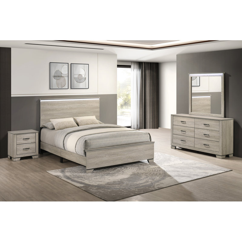 Ensemble de chambre à coucher rustique avec tête de lit à DEL, Grège, Quatre pièces : lit, table de chevet, commode et, Reine