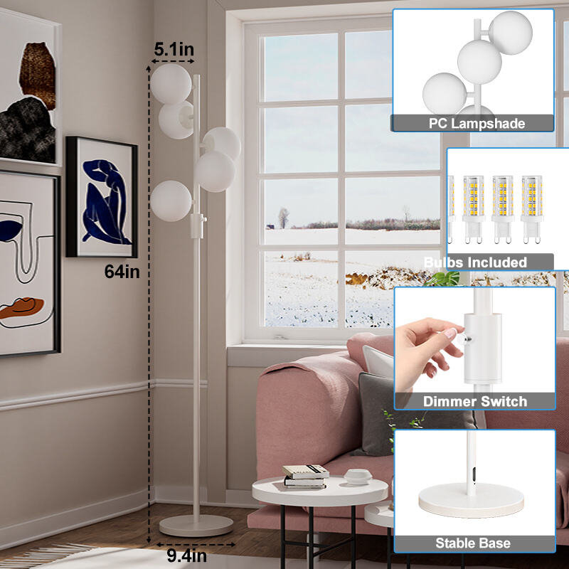 Dimmable Globe Floor Lamp Mid Century Modern Floor Lamp with 5Pcs 3000K G9 Bulbs Stepless Brightness Adjustable Standing Lamps with Stable Base for Living Room Bedroom Office
