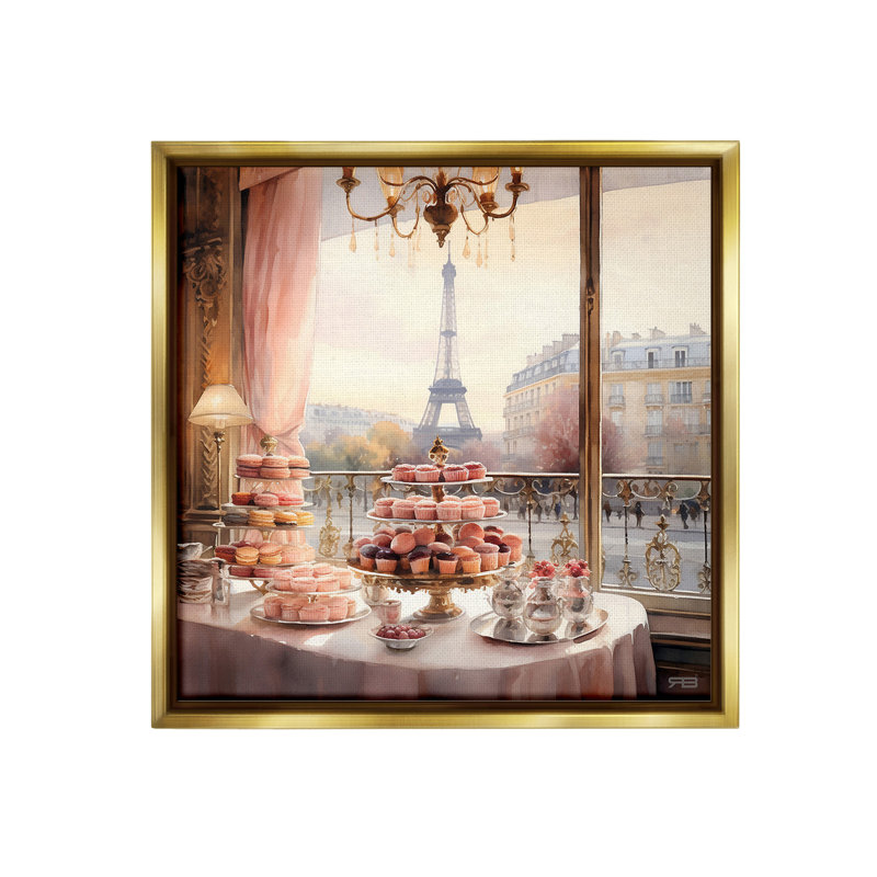«Parisian Desserts City View Elm Brown», toile encadrée flottante par RB, Cadre flottant métallique doré, H 25 po x l 25 po