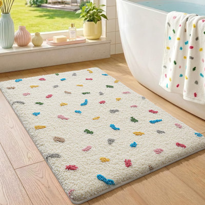 Tapis de salle de bain touffeté coloré, peluche douce avec des accents floraux, joli tapis de bain, blanc ivoire 24 x 36, tapis de bain en microfibre absorbant, tapis de bain pour enfants antidérapant et décoratif pour baignoire, meuble-lavabo et mais