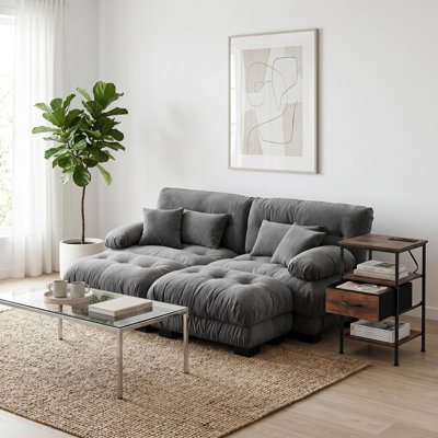 Chenille Fabric Two-seater Upholstered Sofas With Wide Armrests For Living Room With 2 Footstools, 2 Lumbar Cushions And 2 Throw Pillows