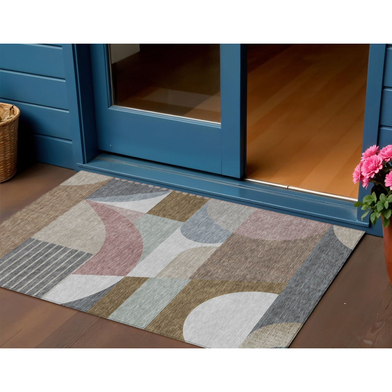 3' X 5' Brown Ivory And Mauve Geometric Washable Indoor Outdoor Area Rug