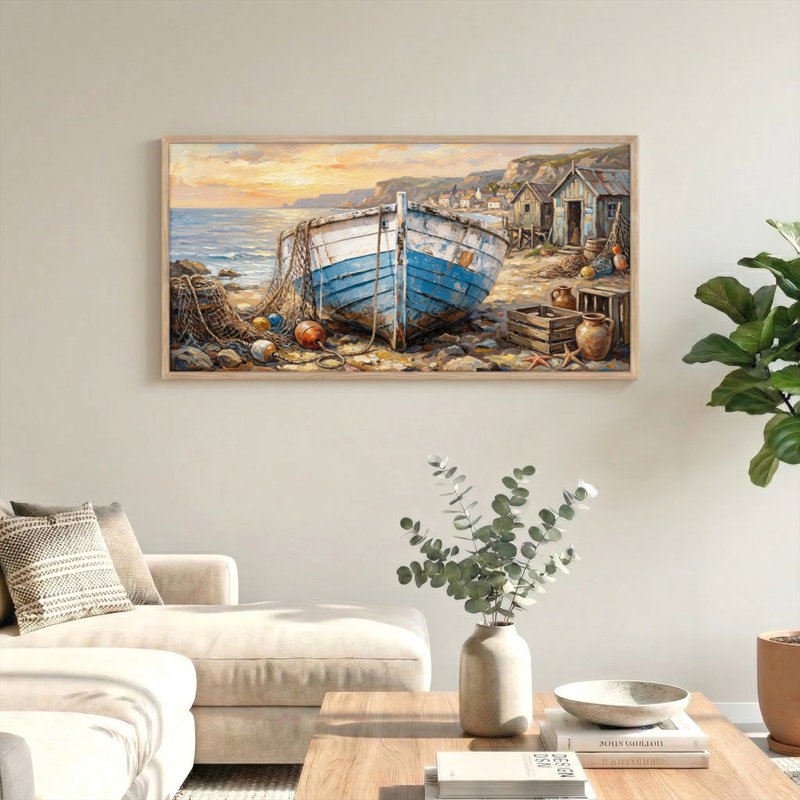 Tableau encadré sur toile représentant un bateau côtier (1 pièce), 147 x 71 cm, 58 po x 28 po