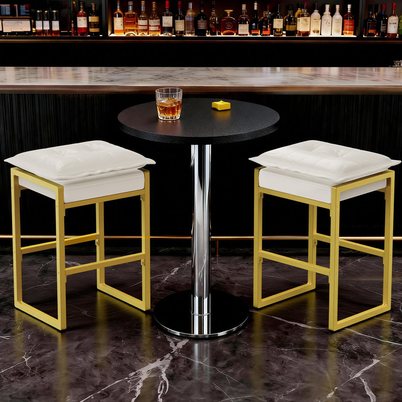 27"H Cloud Upholstered Counter Stool with Metal Frame, White Seat/ Gold Frame, 1