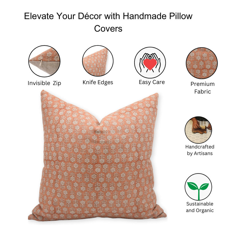 Linen Pillow Cover, White/Orange Floral 2, 20"H x 20"W, Square