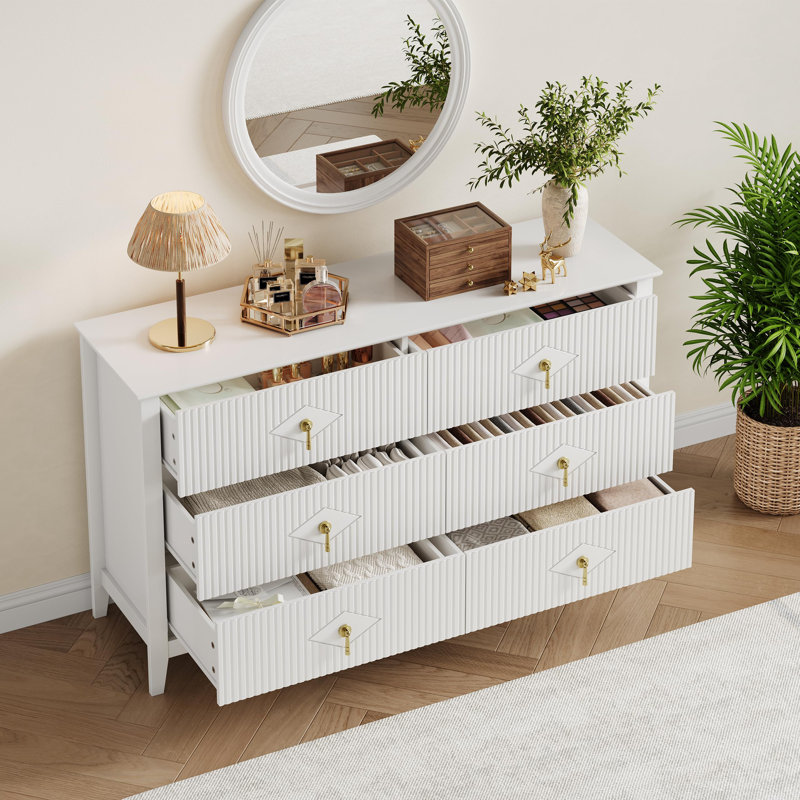 Commode pour chambre à coucher avec 6 tiroirs, commode moderne de 48 po avec poignée en métal, meuble télé, Blanc