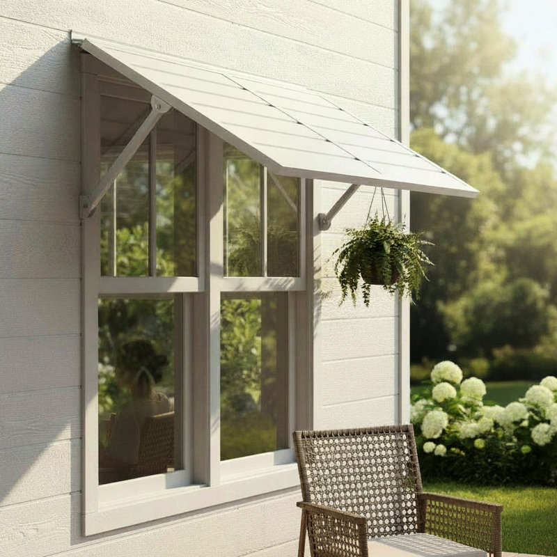Auvent de terrasse en métal de 4,6 po de teinte blanche - aluminium léger pour les espaces extérieurs, finition thermolaquée contemporaine, charnière continue avec clignotant intégré de longue durée, rapide et efficace