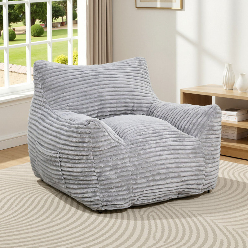 Compression Large Corduroy Fabric Bean Bag Chair & Lounger, Light Gray Corduroy