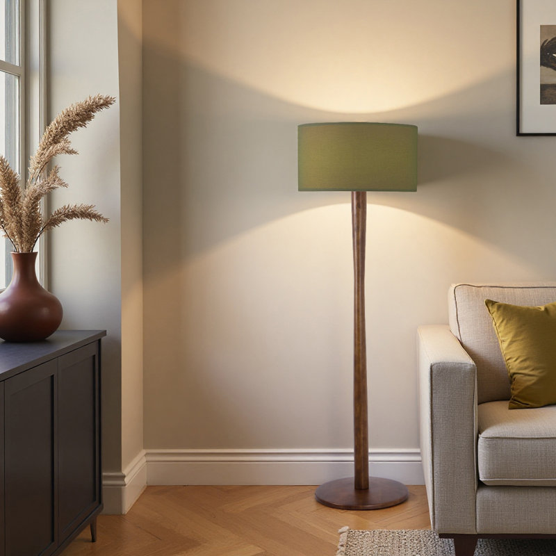 61" Walnut Floor Lamp with 19.7" Large Fabric Drum Shade, Solid Wood Standing Lamp for Living Room, Bedroom, Office & Corner, UL Listed, Bulb Not Included