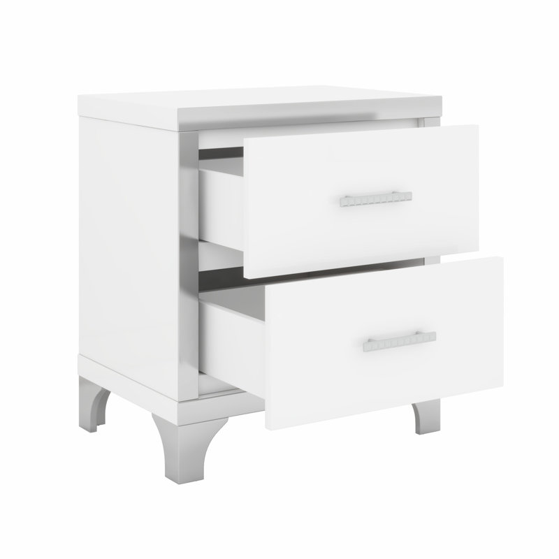 Table de chevet élégante à miroir avec 2 tiroirs et poignée en métal, Blanc