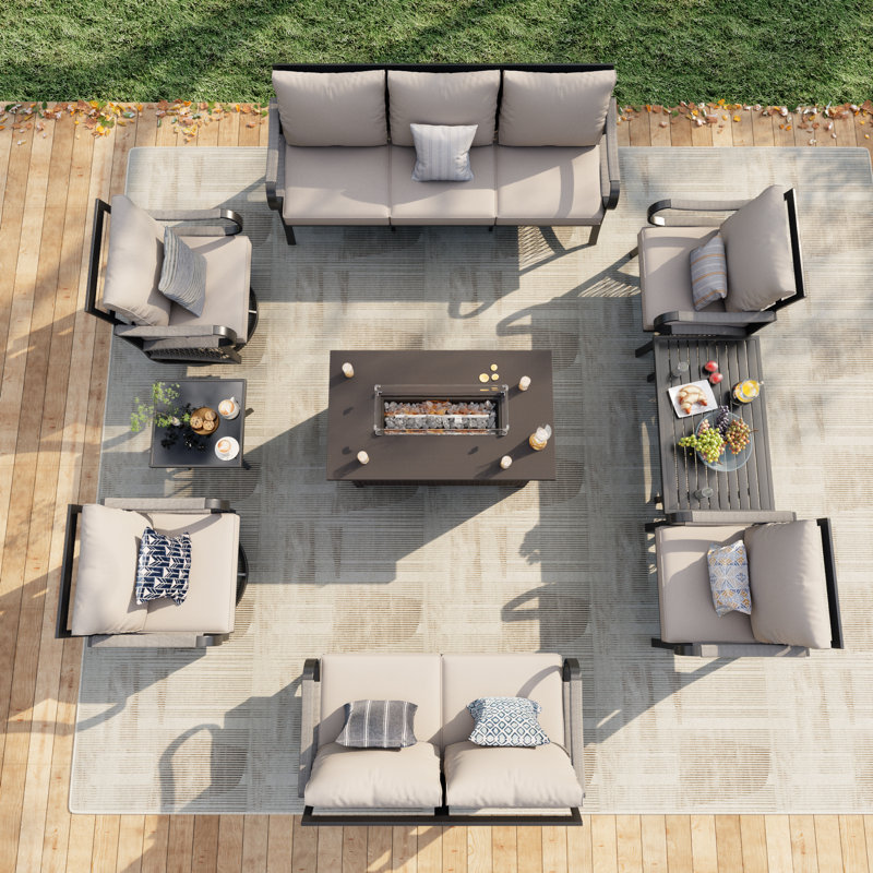 Outdoor Patio Rope Metal 9 Pieces Patio Conversation Furniture Set With Fire Pit Table And Beige Cushions (Throw Pillow Not Included)