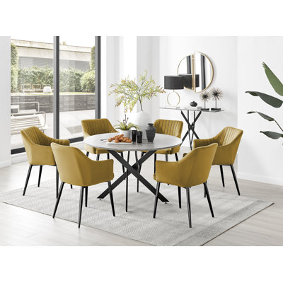 Tierra Modern Chrome Metal & Glass Round Dining Table Set with 6 Luxury Button Velvet Chairs