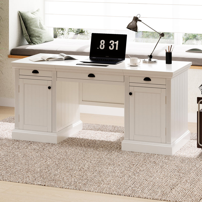 67'' Home Office Writing Table With Storage, White. 2 Cabinets, 3 Drawers. Spacious Work Area For Living Room, Study. Solid Wood & . Modern Style. Silent Drawer Rails. Adjustable Shelves Desk Back,