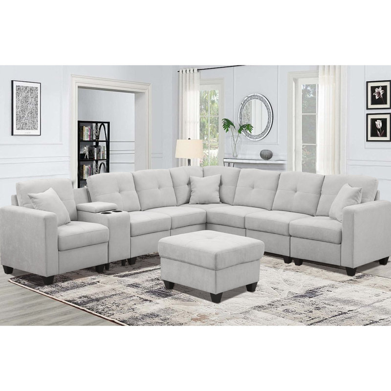 Canapé modulaire à 7 places en gris, microfibre veloutée, conception en peau, deux porte-gobelets et structure en bois massif, tissu en velours doux, coussins à haute densité, utilisation prolongée, supports, support
