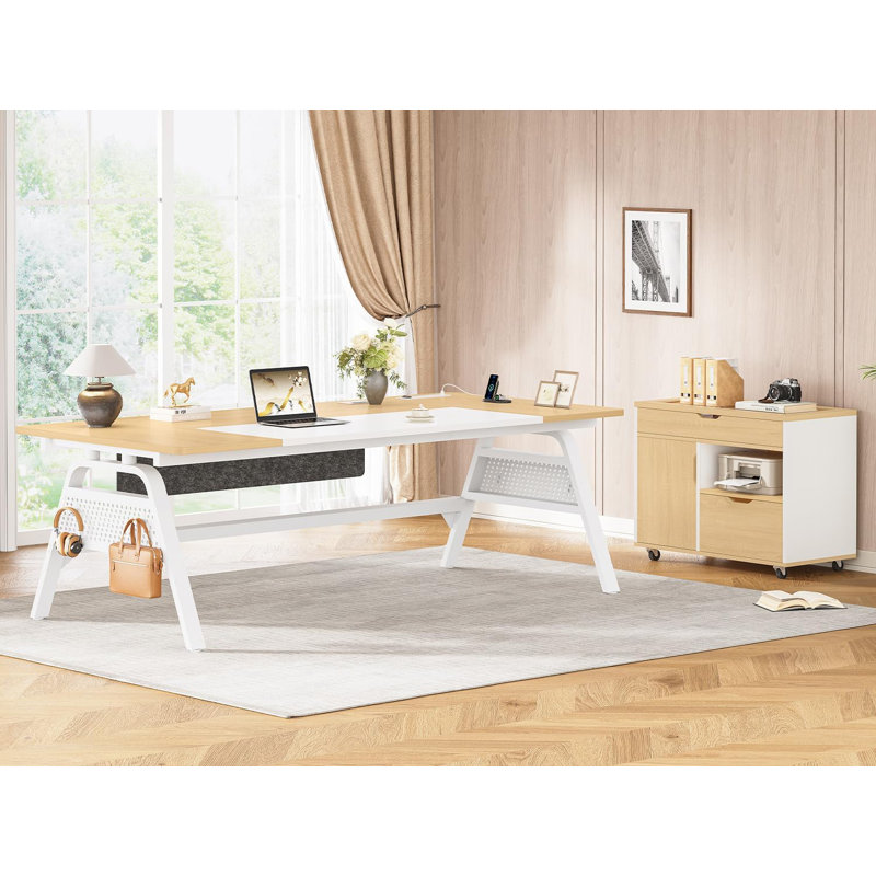 Redus L-Shaped 3-Drawer Executive Desk, Oak/White
