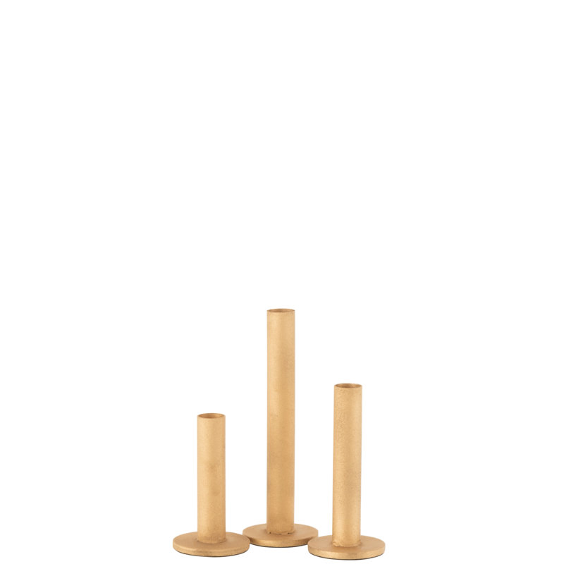 3 Piece Metal Tabletop Candlestick Set, Matte Gold, 100cm H x 15cm W x 15cm D