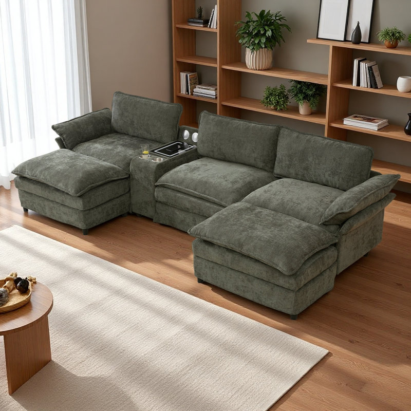 U Shaped Modular Sectional Sofa,Storage Console & Wireless Charging,2 Cup Holders,Bluetooth Speakers,2 Movable Footstools