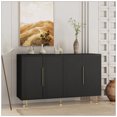 Black Modern Buffet Cabinet With Storage, Fluted Sideboard Large Buffet With Adjustable Shelves, Credenza, Accent Cabinet Console Table