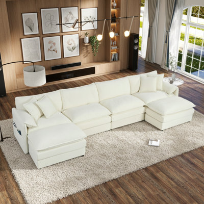 Canapé modulaire modulaire en chenille en U, grand canapé de style nuage de 145 po pour grands salons, blanc crème