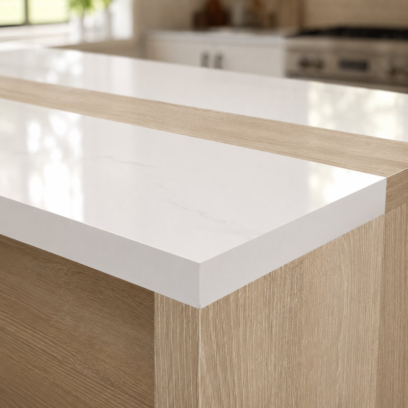 Îlot de cuisine de 155 cm de large avec dessus en faux marbre, tablettes latérales ouvertes, bande lumineuse DEL et prise électrique.