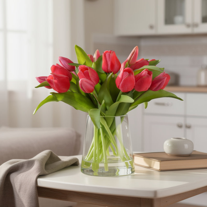 Vraies tulipes dans un vase en verre, Dark Pink