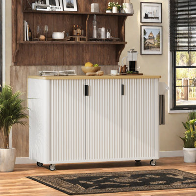 51" Fluted Kitchen Island with Drop Leaf and Rolling Cart on Wheels
