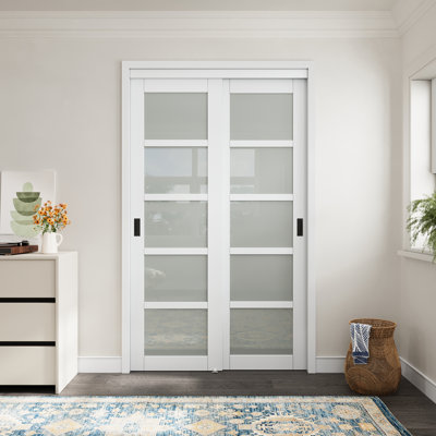 48"x 80" White 5 Lite Tempered Glass Closet Sliding Door With Hardware Kit & Black Handles