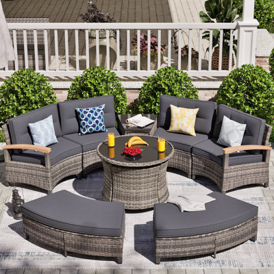 8 Piece Outdoor Patio Furniture Set, Half-moon Curved Sectional Sofa Rattan Conversation Set With Wood Armrests, 2 Half-moon Ottoman,round Table & Side Table